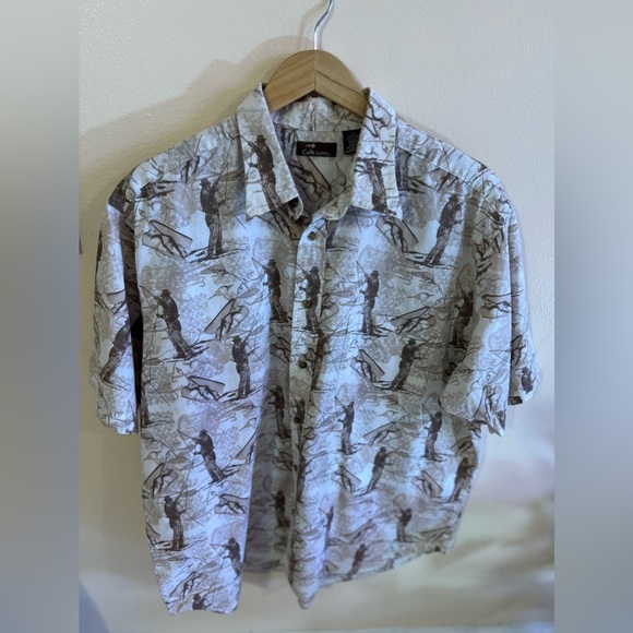 CAF'E LUNA FISH PRINT SHORT SLEEVE SHIRT BEIGE BROWN & WHITE XL(46/48)Men Cotton - Picture 16 of 16